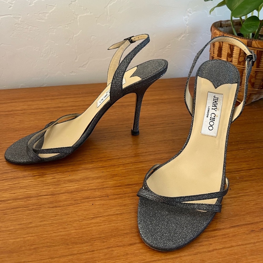 Jimmy Choo Black Glitter Slingback Stiletto Sandals